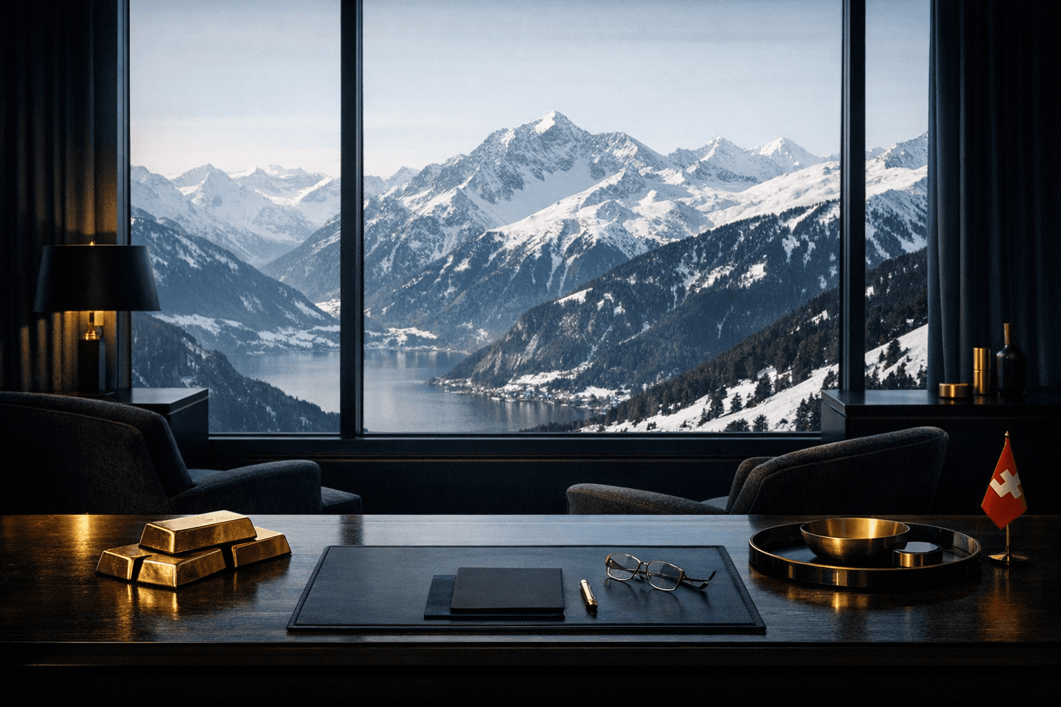 Discreet private wealth advisory setting with Swiss alpine character.